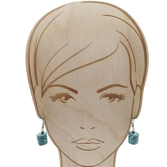 Green Jasper Stone Vintage Cylinder Earrings for Dramatic Dangle Drop - Picture 3 of 4